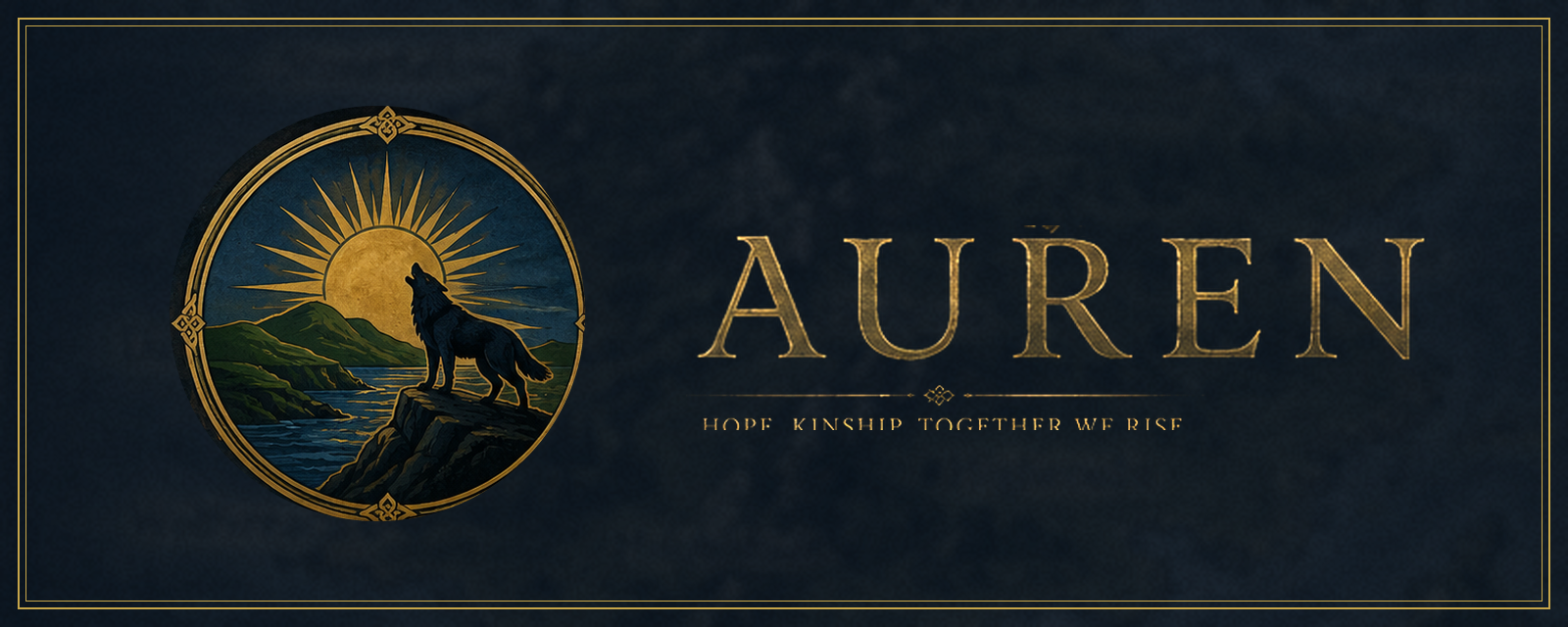 Auren — a gold roundel of a wolf howling at a rising sun over an island river